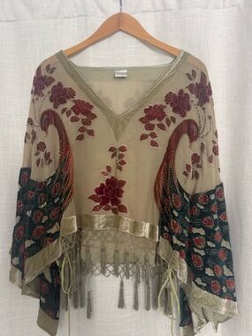 Boho Embroidered Sheer Fringe Top with Peacock Motif - Olive & Burgundy